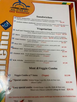 Clearly labeled vegan options  at Lucy Ethiopian in Las Vegas
