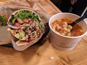 Southwest crunch wrap (my go-to) and white bean chili at Juicy's Wellness Cafe in Murfreesboro