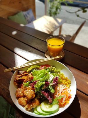 Vegan Poke Bowl
rice, avocado slices, pickled daikon, edamame, cucumber, crispy cauliflower, corn, pickled carrot, vegan "salmon", teriyaki dressing at Dharma Coffee Canggu in Canggu