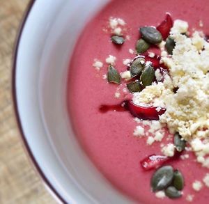 Cherry’s soup with oil sand (vegan)  at Bar Hola Flora in Burgos