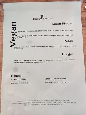 Vegan menu in upstairs restaurant  at Beach House in Lyme Regis