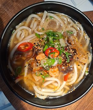 Chili tofu udon noodle soup at Sasou in Munich