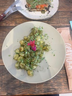 Vegan pesto gnocchi at Casa Graviola in Vitoria