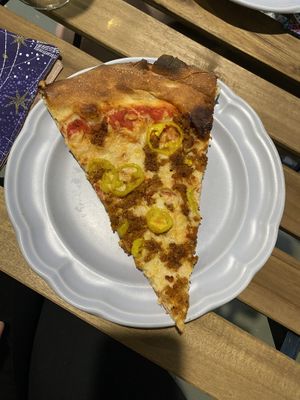 Vegan sausage and cheese pizza with banana peppers   at Zorch Pizza in Richmond