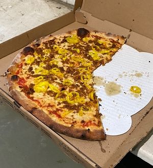 Vegan pizza with vegan sausage and banana peppers    at Zorch Pizza in Richmond