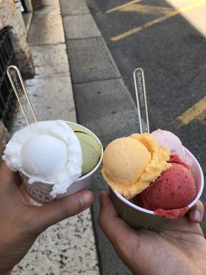 Coconut and pistachio left, strawberry grapefruit and melon right at Gelateria Ponte Pietra in Verona
