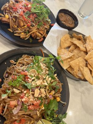 chipotle udon, mexi pad thai, and chips and salsa  at Lalo in Cincinnati