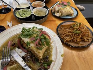 Teriyaki tofu & veggies burrito + mex pad thai w/o egg + salsa sampler to split between me and my veggie friend! ♡   at Lalo in Cincinnati