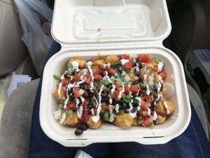 Large Loaded BBQ tots! Delicious! at The Veggie Yeti in Denver