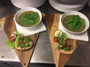 Lunch combo with spinach-coconut soup at Café Forum in Maastricht