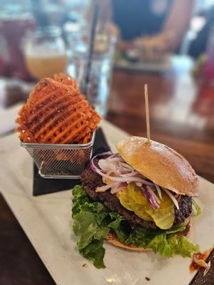 All american burger with impossible patty, no cheese. Sweet potato fries at Muck & Fuss in New Braunfels