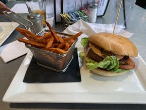 The best vegan burger!!! Regular fry's and sweet potato fry's were amazing.  at Muck & Fuss in New Braunfels