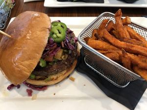 Aloha burger w/impossible patty and jalapeños instead of mayo  at Muck & Fuss in New Braunfels