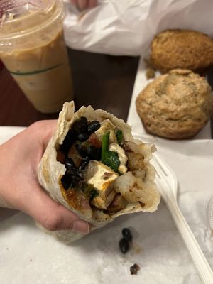 Burrito, muffins, oat milk latte  at Love Muffin Cafe in Moab