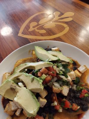 Chiliquiles with tofu subbed for eggs. Don't forget to say hold the  crema & cheese if you are vegan! at Love Muffin Cafe in Moab