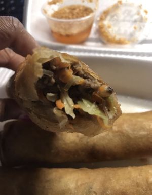 Real meat in the supposed vegan egg rolls!!   at Taste of Thaiyai in Apple Valley