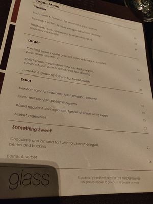Vegan meny at Glass Brasserie in Sydney