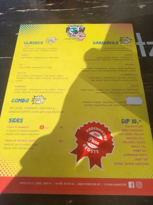menu at POW - The Vegan Pizzeria in Copenhagen