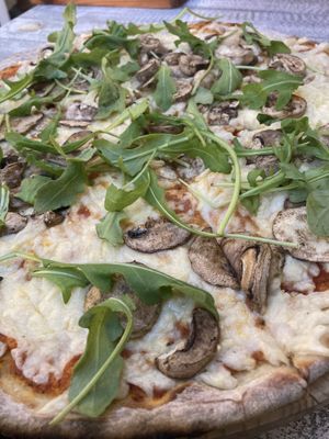Close up of the funghi pizza  at Jonny Como Pizza in Playa Del Carmen