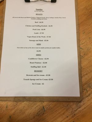 Sunday menu at Summerhill Country Cafe in Hartlepool