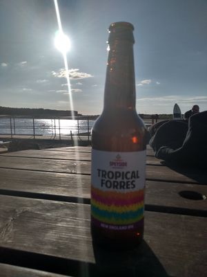 Enjoying a local beer outside captain's table at Captain's Table in Findhorn