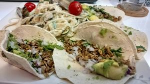 Crackling oats tacos and fine herbs pasta at Koala Express in Chihuahua