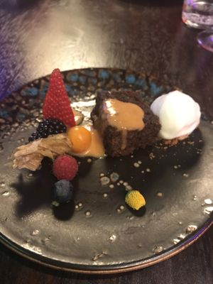 Dessert: sorbet, pumpkin chocolate cake and berries  at Blue Pepper in Amsterdam