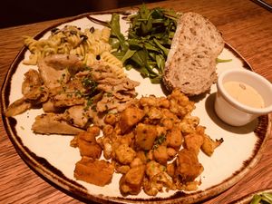 Soy chicken, pesto fusilli, chickpea/potato/cauliflower   at Margarito in Bilbao