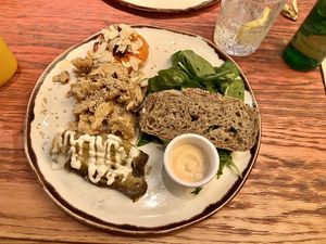 Market food “no pollo” with mashed sweet potato and eggplant  at Margarito in Bilbao