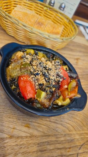 Légumes du soleil confits, crumble d'olives noires at La Cantine in Honfleur