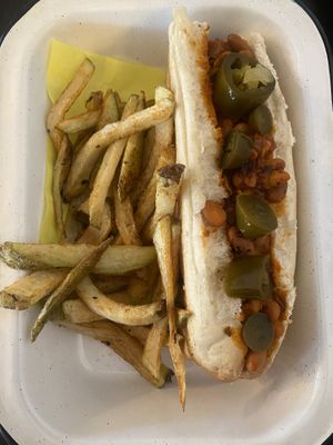 Chilli Beans Hot Dog with Fries  at Ruro's Cocina Urbana & Soy Veggie in Tijuana