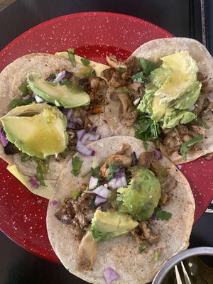 Oyster Mushroom Tacos, Avocado and Salsa verde  at Ruro's Cocina Urbana & Soy Veggie in Tijuana