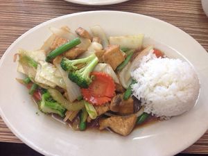 Veggie Medley with Tofu and Jasmine Rice at Twisted Noodles in Durham