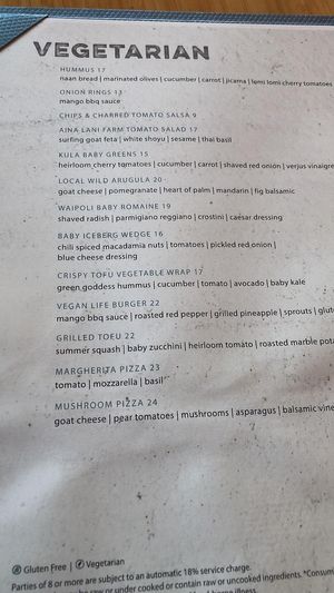 Vegetarian menu at Bistro Molokini in Kihei