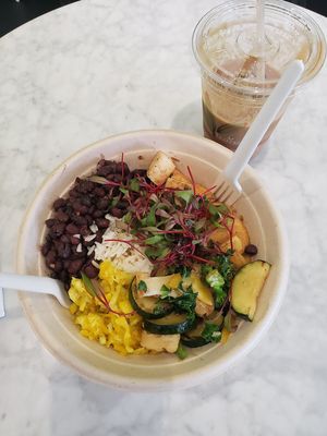 Extremely delicious meal called Far East Bowl!!! Plenty of veggies and fruits, and also the Energizing Smoothie, it actually woke me up, Haha, great new place, to try out!!! at Protein Plants Cafe in Orange