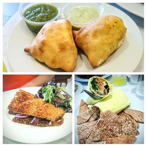 Samosas, patty melt, falafel wrap and ginger turmeric lemonade. at Protein Plants Cafe in Orange