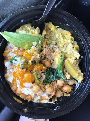 Chick Chick Curry Bowl (Rice, Chickpeas, Spinach, Potatoes, Mango Sauce) Delicious at Protein Plants Cafe in Orange