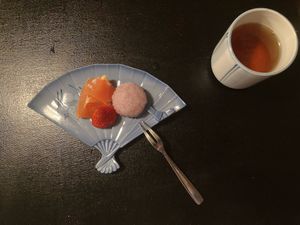 dessert sakura mochi and tea  at Kashiwaya Ryokan in Gunma