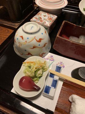Pickles and cute dishes  at Kashiwaya Ryokan in Gunma