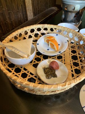 Natto, orange & pickles  at Kashiwaya Ryokan in Gunma