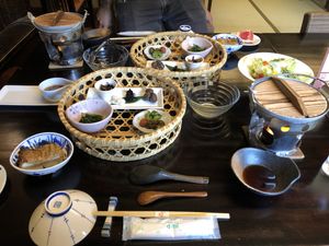 Vegan Japanese Breakfast! Various pickled veggies, hotpot, miso soup, and choice of rice porridge or rice :) at Kashiwaya Ryokan in Gunma