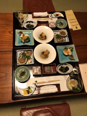 Vegan kaiseke dinner - not pictured: chestnut steamed rice, miso soup, and fresh fruit for dessert at Kashiwaya Ryokan in Gunma