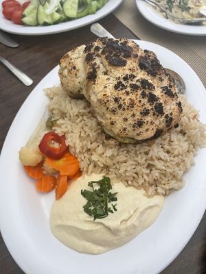 Cauliflower platter (comes w pickled veggies, hummus, & rice pilaf)  at Habibi's in North Attleboro