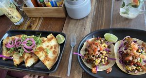 Yummy mushroom quesadillas and vegan tacos!   at Tres Salsas in Hervey Bay
