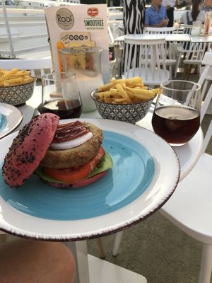 Burgers and fries at Roof Burger Lab in Rhodes