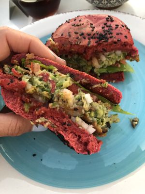 Close up of the veggie burger with no yoghurt and we added bbq sauce at Roof Burger Lab in Rhodes