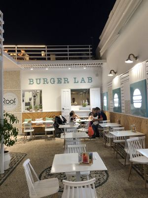 Downstairs seating area at Roof Burger Lab in Rhodes
