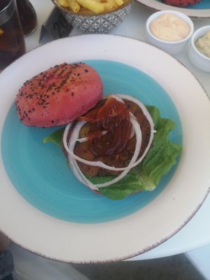 Vegan burger. at Roof Burger Lab in Rhodes
