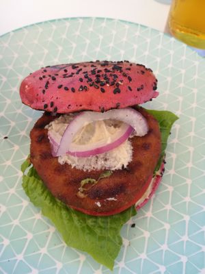 Veggie burger with hummus at Roof Burger Lab in Rhodes
