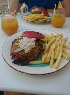 Vegan homemade burger at Roof Burger Lab in Rhodes